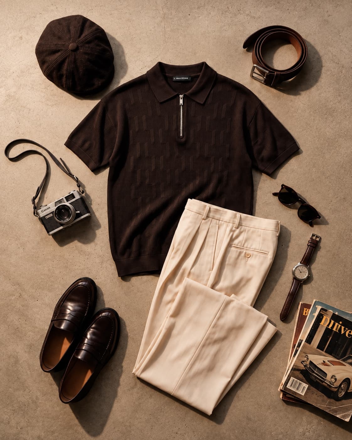The polo styled flat with cream trousers, loafers and a cap